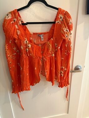 Urban Outfitters Orange Floral Puff-Sleeve Blouse
